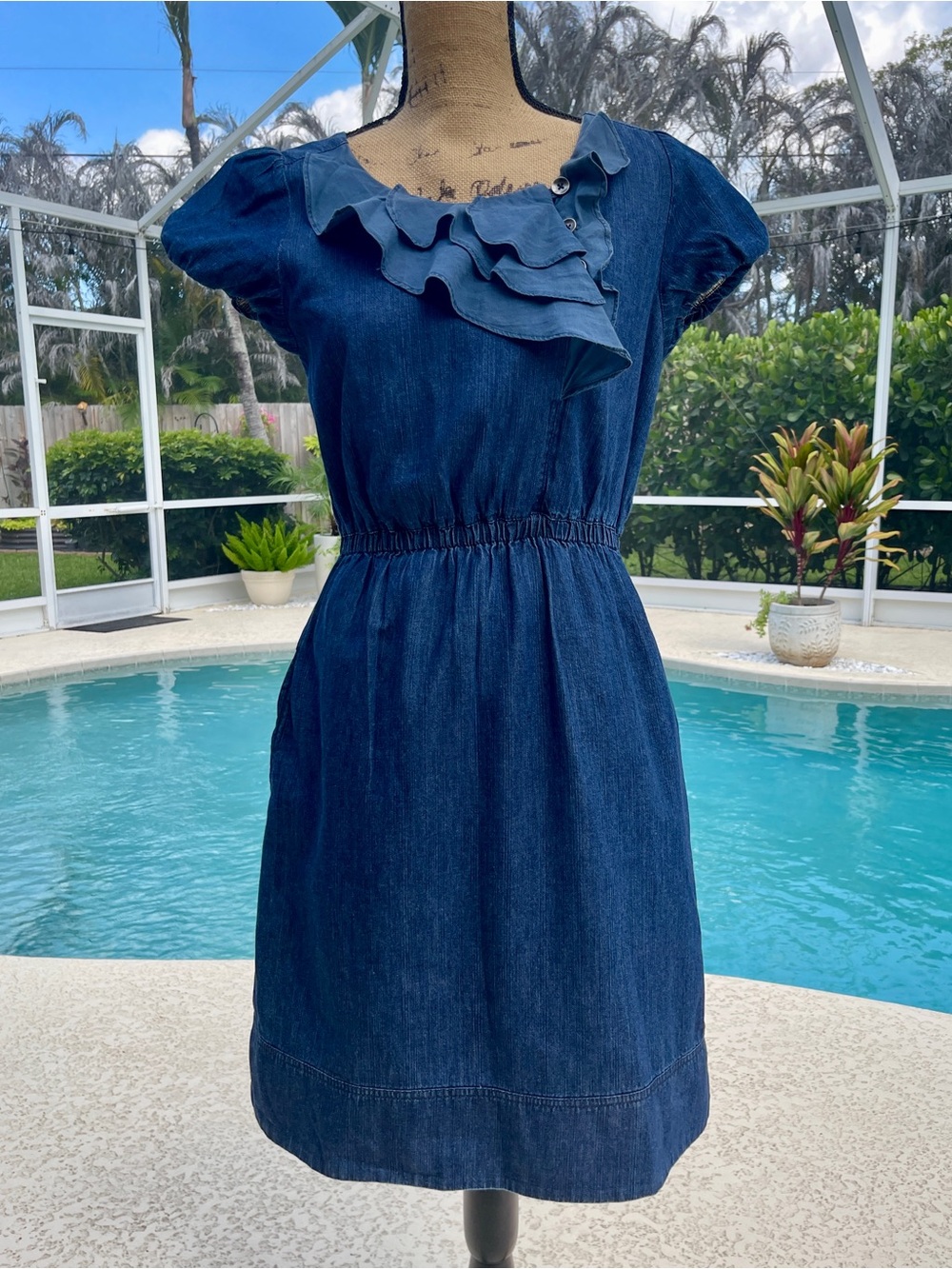 Maeve Dark Blue Ruffle-Detail Denim Dress